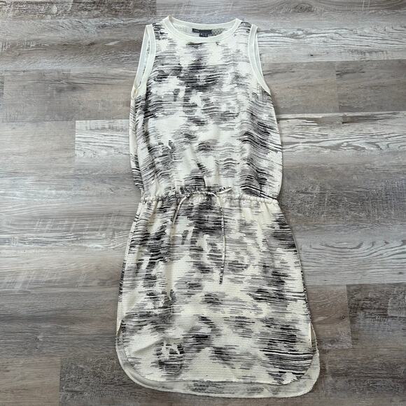 Vince Silk Sleeveless Midi Dress Black White Abstract Print Drawstring Waist XS - Picture 1 of 7